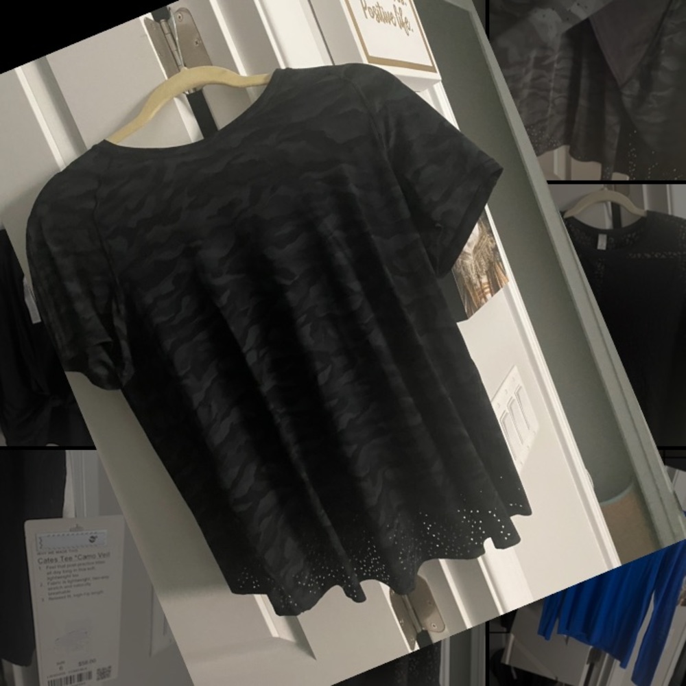 Lululemon camo silky tee with detailing. Size 6